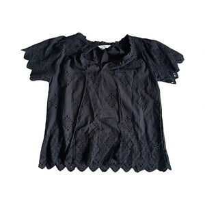 Black Eyelet Short Sleeve Tie-Neck Top